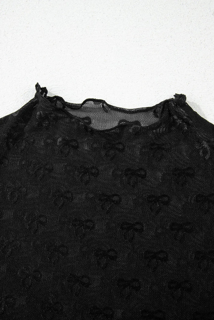 Black Bowknot Sheer Mesh Mock Neck Lettuce Trim Short Sleeve Top - Tops/Tops & Tees