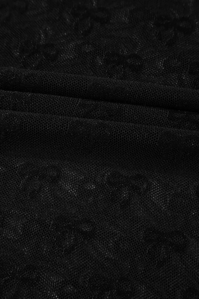Black Bowknot Sheer Mesh Mock Neck Lettuce Trim Short Sleeve Top - Tops/Tops & Tees