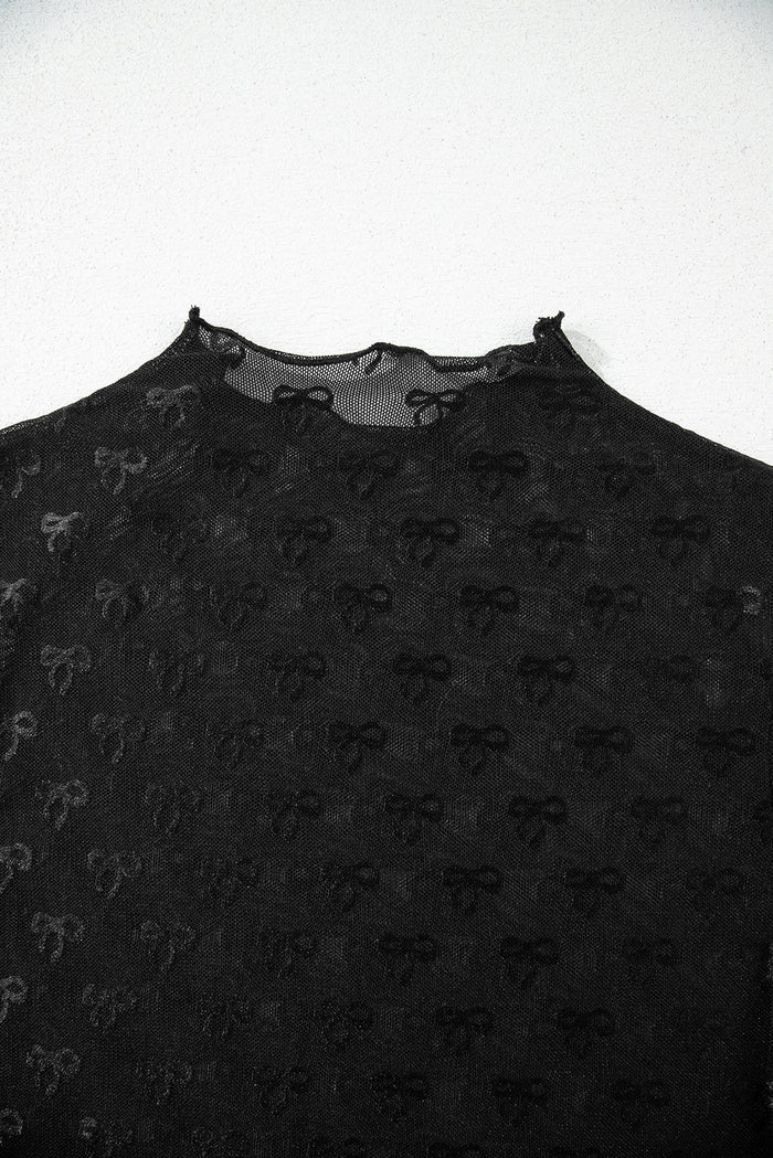 Black Bowknot Sheer Mesh Mock Neck Lettuce Trim Short Sleeve Top - Tops/Tops & Tees