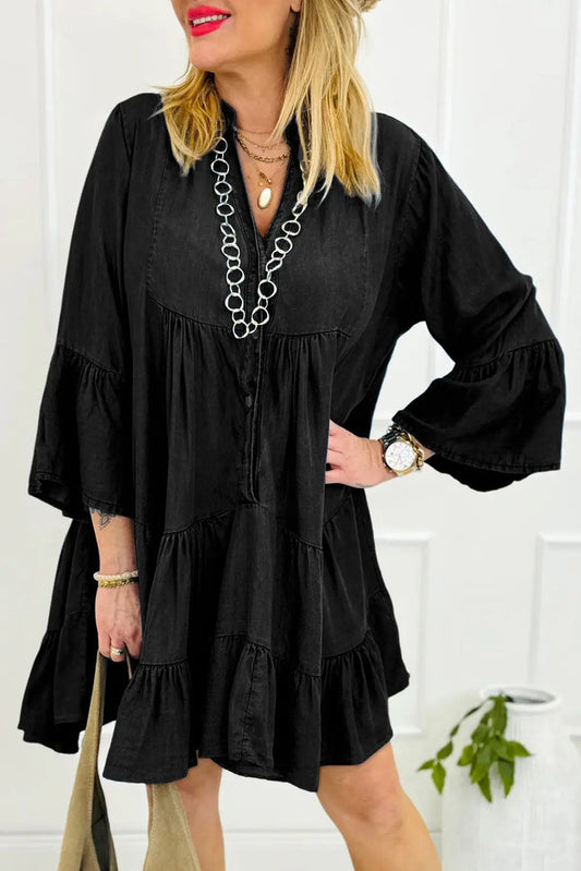 Black Chambray Ruffled 3/4 Sleeve Tiered Split V Neck Mini Dress - BLACK / S / 95% COTTON + 5% POLYESTER - Dresses/Mini