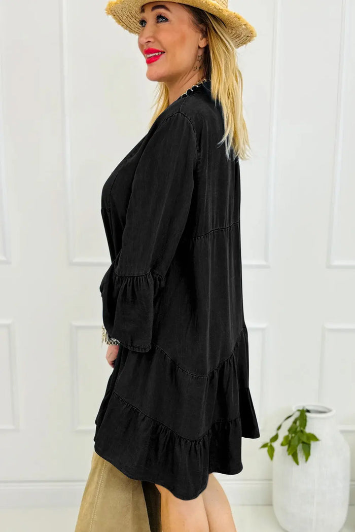 Black Chambray Ruffled 3/4 Sleeve Tiered Split V Neck Mini Dress - Dresses/Mini Dresses