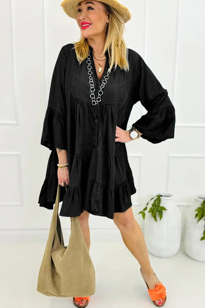 Black Chambray Ruffled 3/4 Sleeve Tiered Split V Neck Mini Dress - Dresses/Mini Dresses