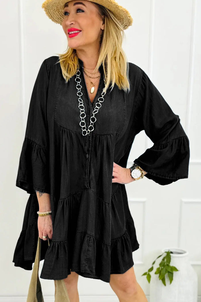 Black Chambray Ruffled 3/4 Sleeve Tiered Split V Neck Mini Dress - Dresses/Mini Dresses