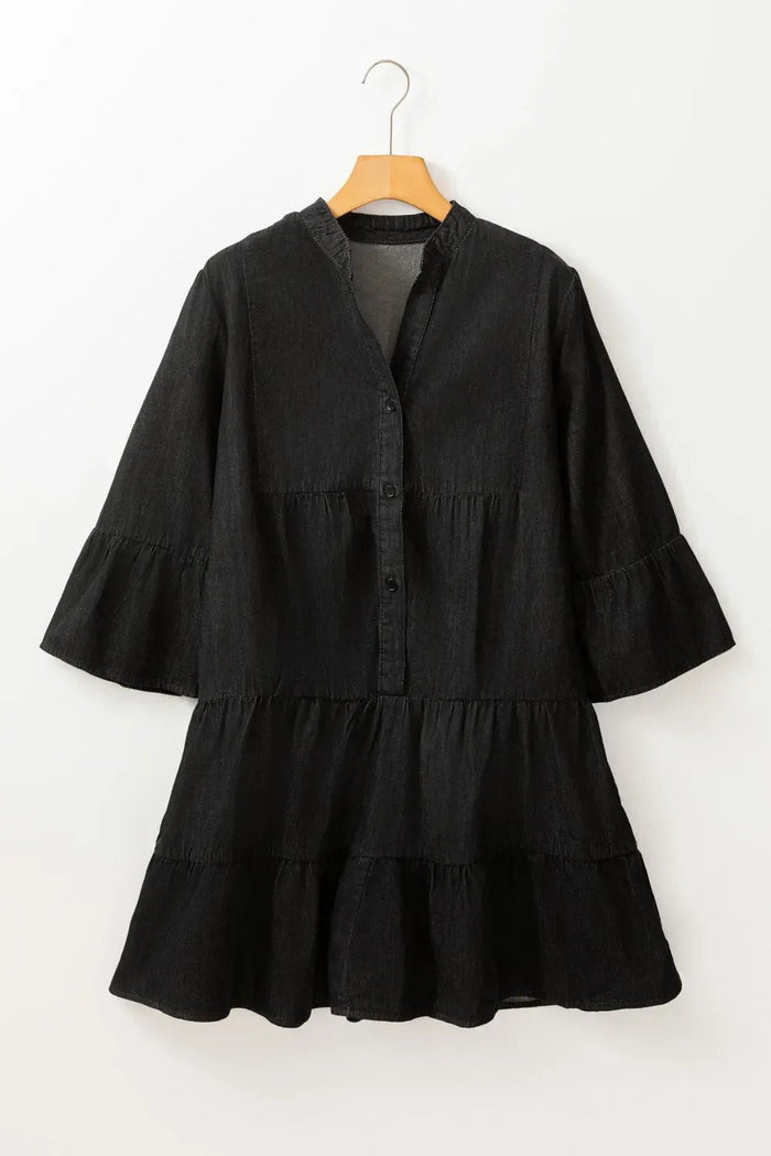Black Chambray Ruffled 3/4 Sleeve Tiered Split V Neck Mini Dress - Dresses/Mini Dresses
