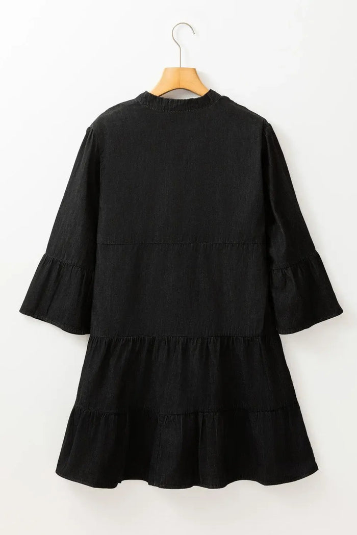 Black Chambray Ruffled 3/4 Sleeve Tiered Split V Neck Mini Dress - Dresses/Mini Dresses