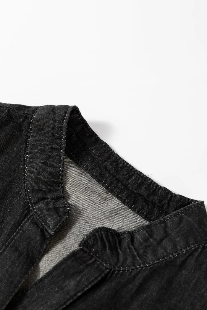 Black Chambray Ruffled 3/4 Sleeve Tiered Split V Neck Mini Dress - Dresses/Mini Dresses