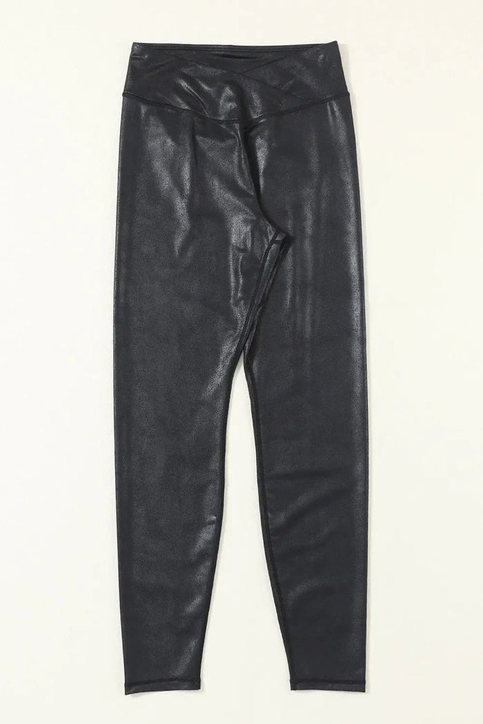 Black Crossed Dip Waist Sleek Leather Leggings - Bottoms/Leggings