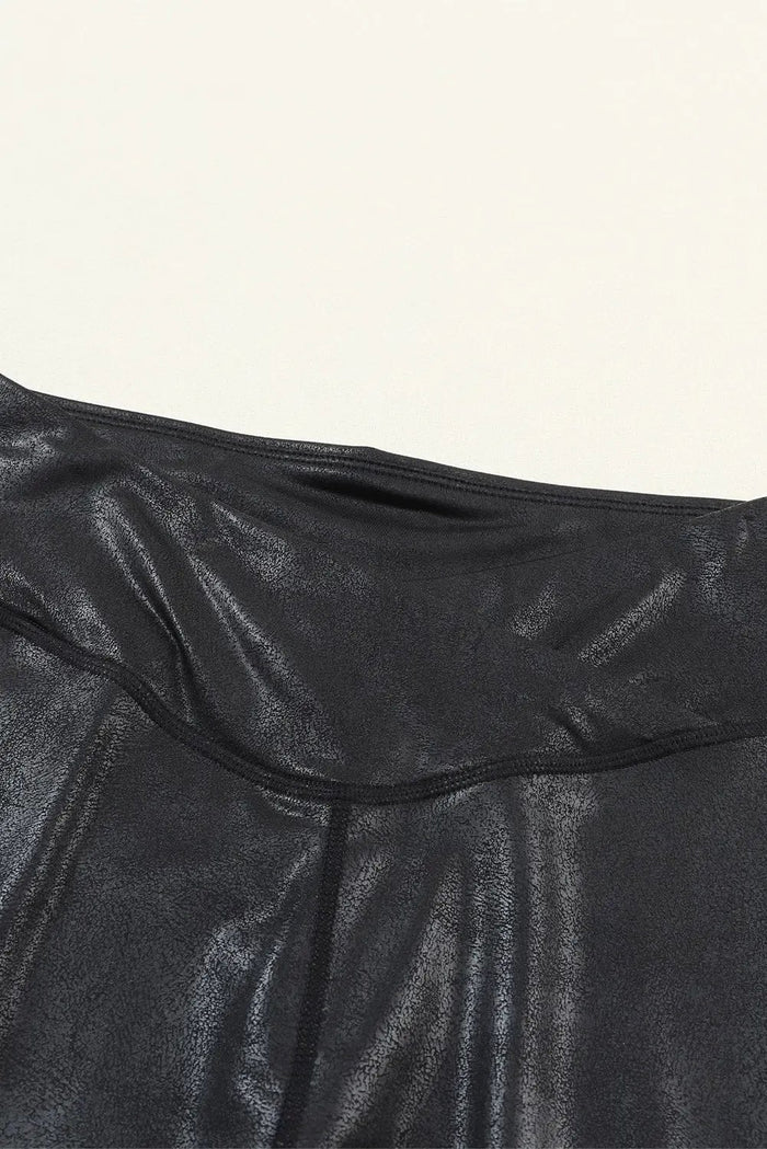 Black Crossed Dip Waist Sleek Leather Leggings - Bottoms/Leggings