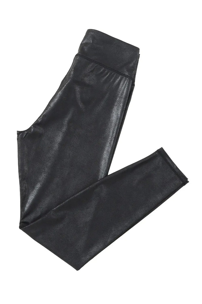 Black Crossed Dip Waist Sleek Leather Leggings - Bottoms/Leggings