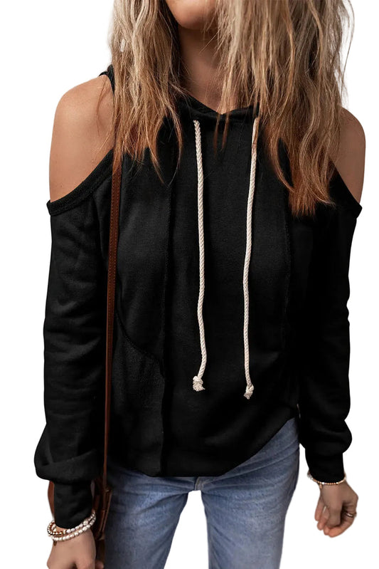 Shop Black Exposed Seam Cold Shoulder Drawstring Hoodie at eAura