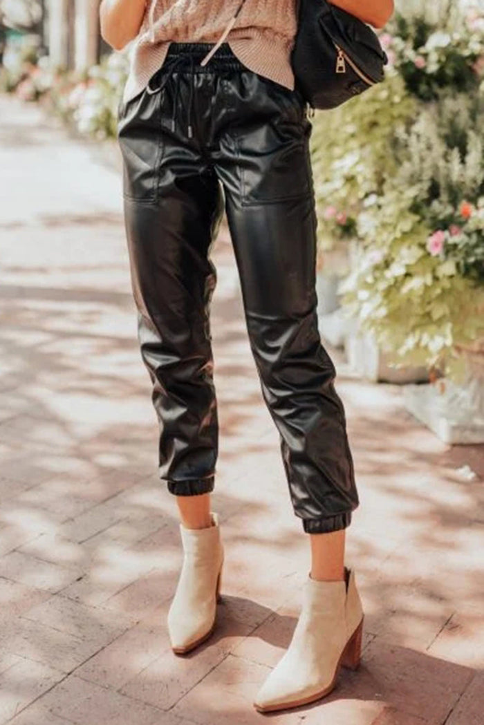 Black Faux Leather Ankle Smocked Waist Drawstring Joggers - BLACK / S / 100% PU - Bottoms/Joggers