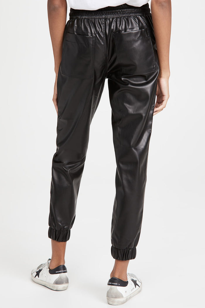 Black Faux Leather Ankle Smocked Waist Drawstring Joggers - Bottoms/Joggers