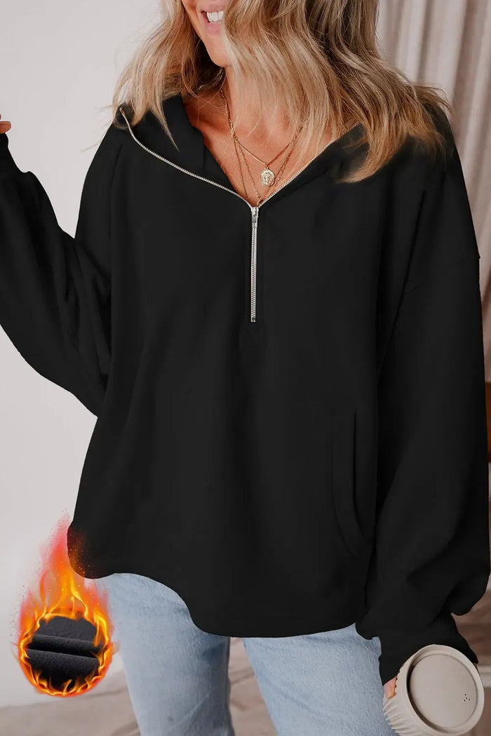 Black Fleece Lined Half Zipper Kangaroo Pockets Loose Hoodie - BLACK / S / 50% POLYESTER + 50% COTTON