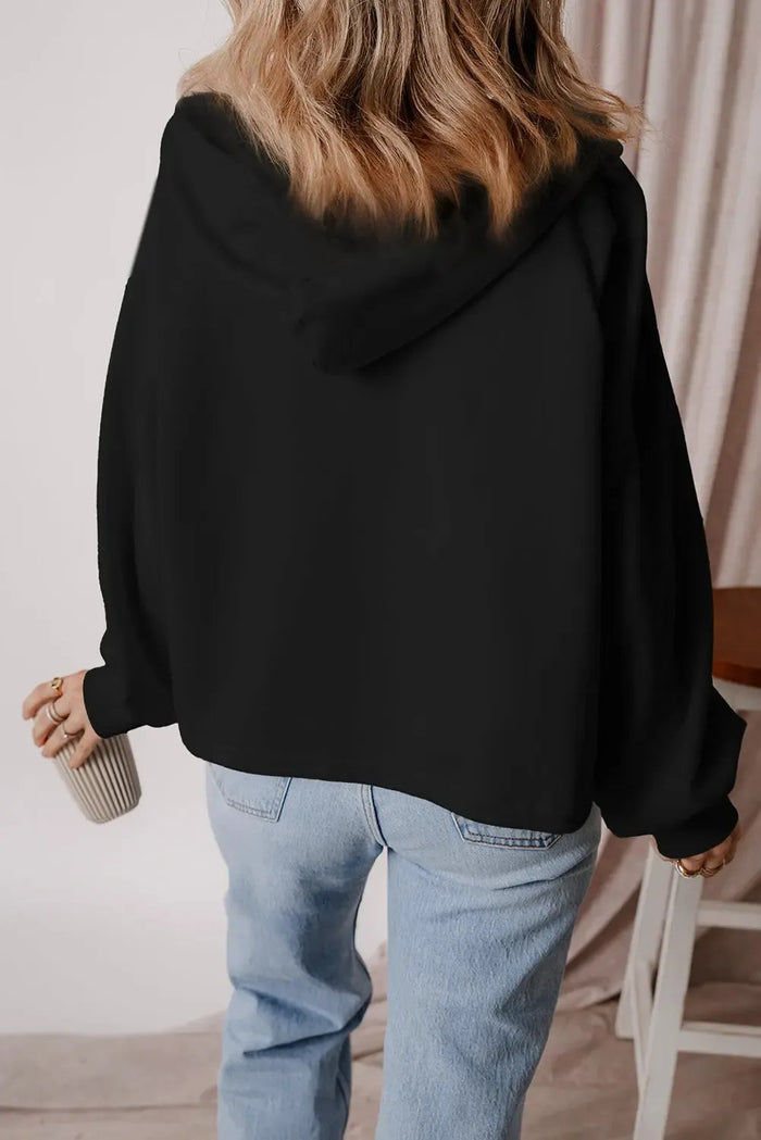 Black Fleece Lined Half Zipper Kangaroo Pockets Loose Hoodie - Tops/Sweatshirts & Hoodies