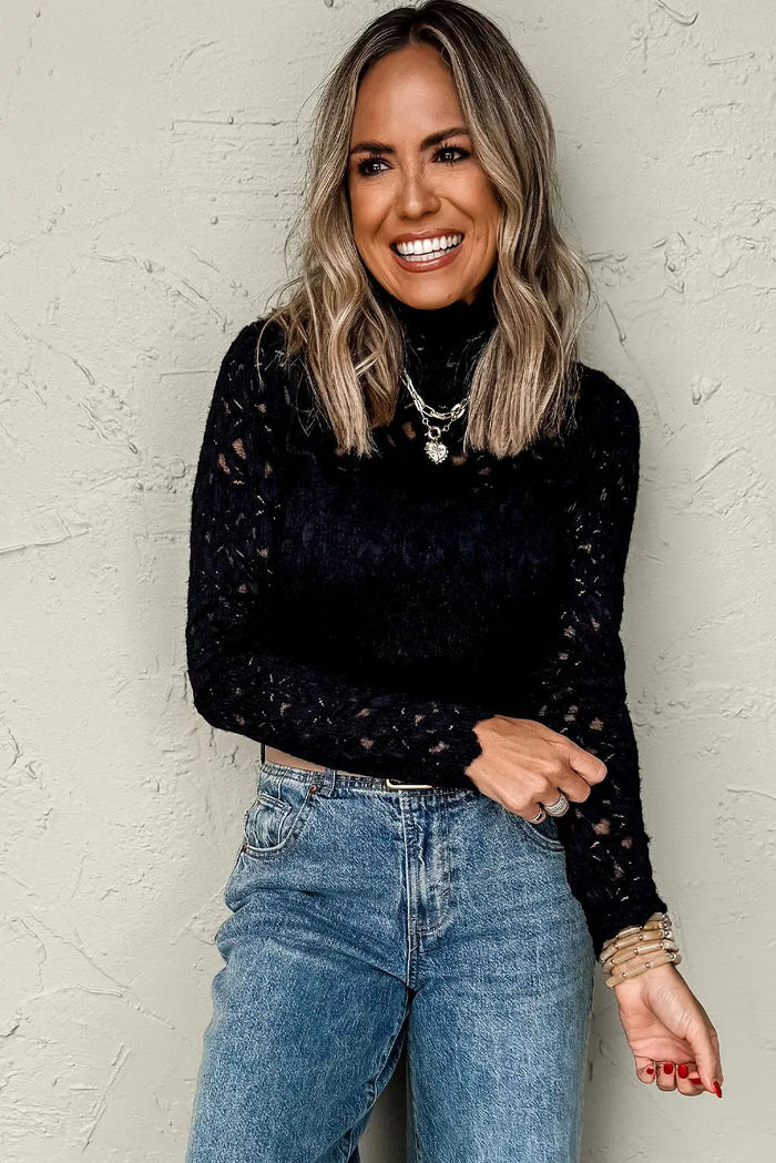 Black Flower Lace See Through Mock Neck Long Sleeve Top - Tops/Long Tops