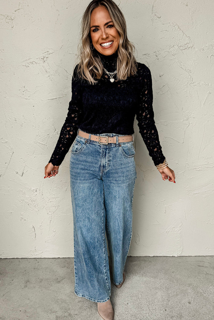 Black Flower Lace See Through Mock Neck Long Sleeve Top - Tops/Long Tops