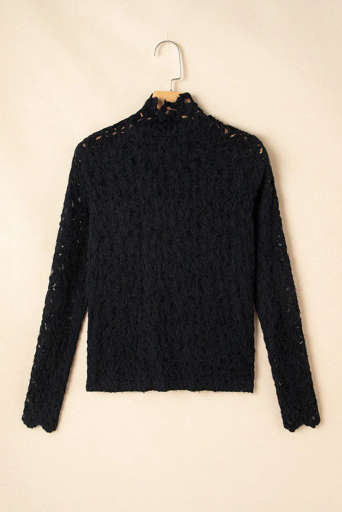 Black Flower Lace See Through Mock Neck Long Sleeve Top - Tops/Long Tops