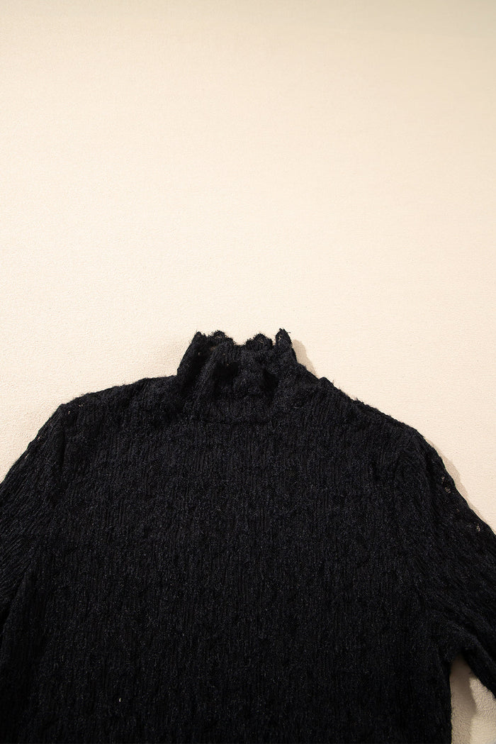 Black Flower Lace See Through Mock Neck Long Sleeve Top - Tops/Long Tops