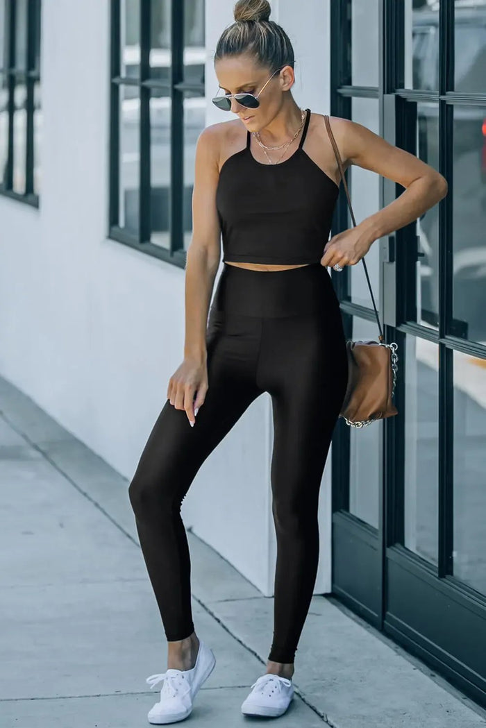 Black High Rise Tight Leggings with Waist Cincher - Bottoms/Leggings