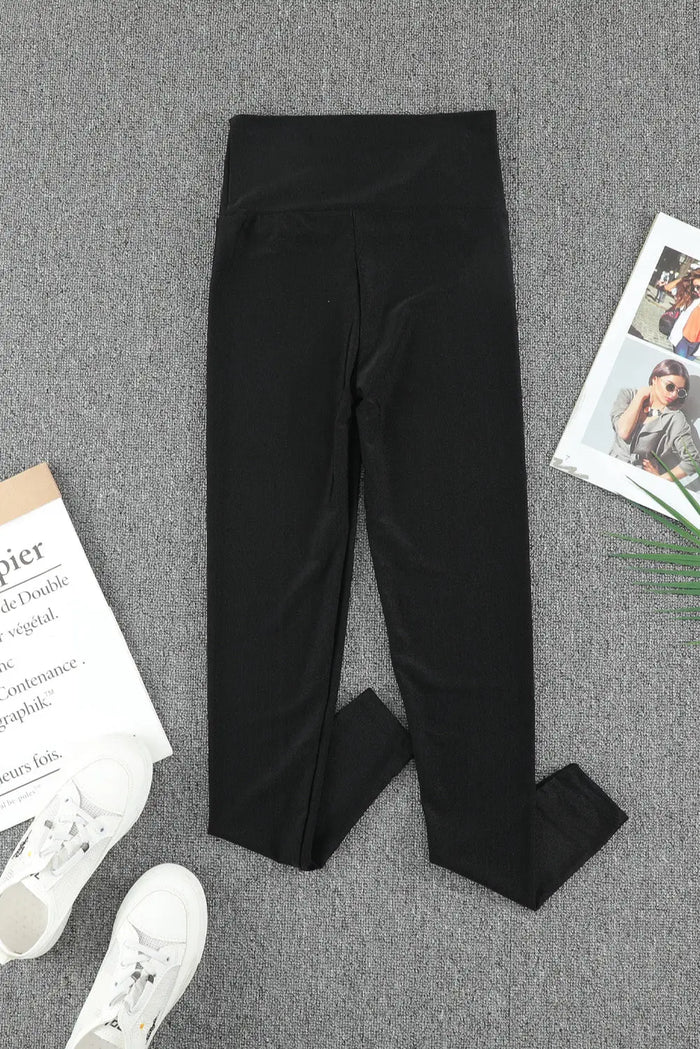 Black High Rise Tight Leggings with Waist Cincher - Bottoms/Leggings
