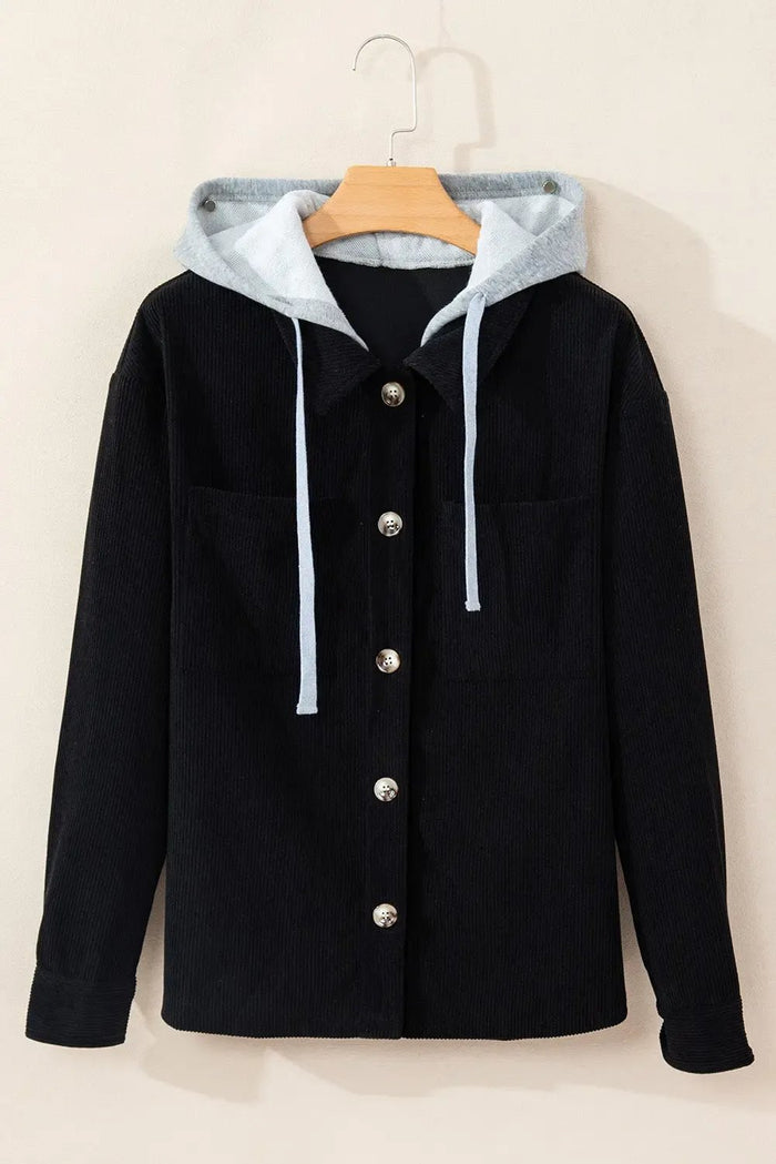 Black Hooded Drawstring Pockets Corduroy Shacket - Outerwear/Jackets