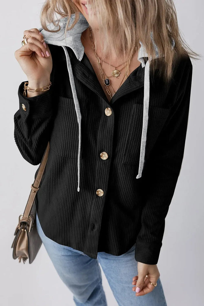 Black Hooded Drawstring Pockets Corduroy Shacket - COLOR BLACK / S / 100% POLYESTER - Outerwear/Jackets