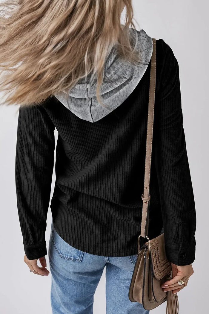 Black Hooded Drawstring Pockets Corduroy Shacket - Outerwear/Jackets