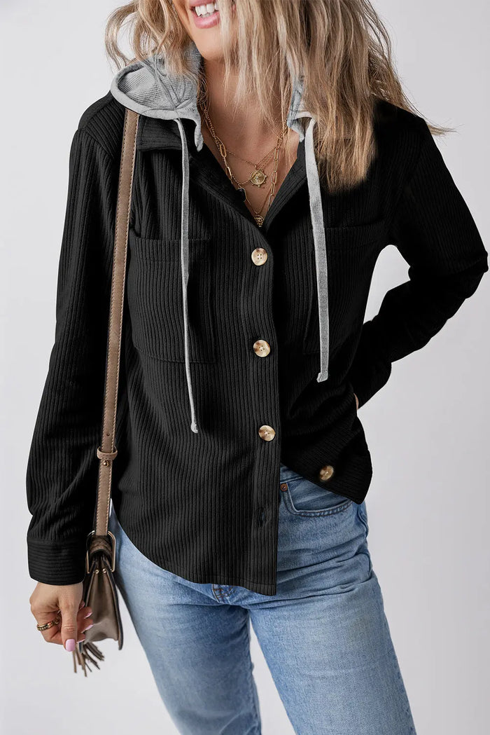 Black Hooded Drawstring Pockets Corduroy Shacket - Outerwear/Jackets