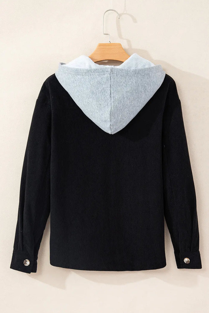 Black Hooded Drawstring Pockets Corduroy Shacket - Outerwear/Jackets