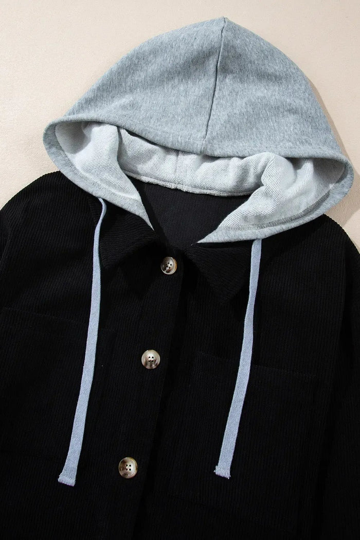 Black Hooded Drawstring Pockets Corduroy Shacket - Outerwear/Jackets
