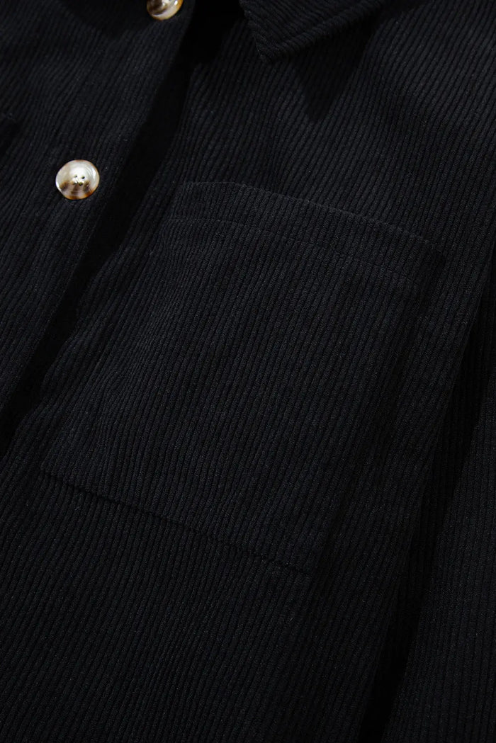 Black Hooded Drawstring Pockets Corduroy Shacket - Outerwear/Jackets