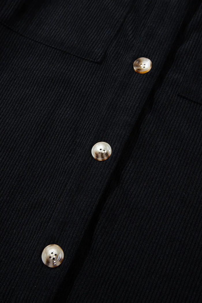 Black Hooded Drawstring Pockets Corduroy Shacket - Outerwear/Jackets