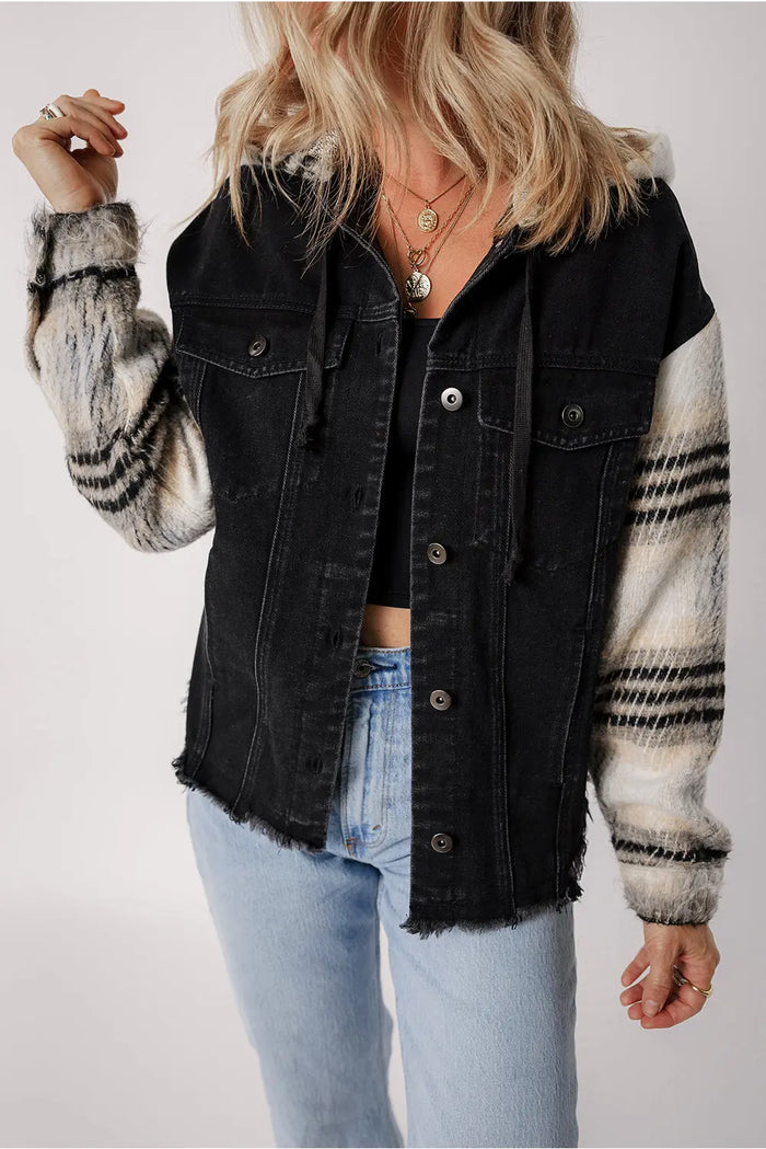 Black Plaid Sleeve Frayed Hem Hooded Denim Jacket - BLACK / S / 70% COTTON + 30% POLYESTER - Outerwear/Denim jackets