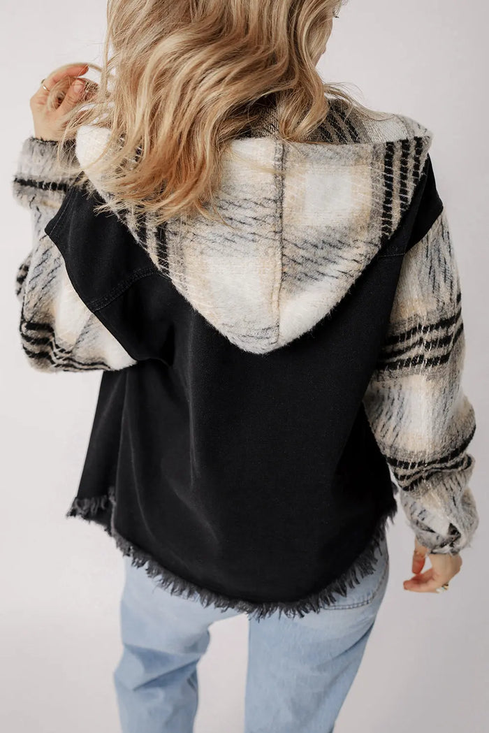 Black Plaid Sleeve Frayed Hem Hooded Denim Jacket - Outerwear/Denim jackets