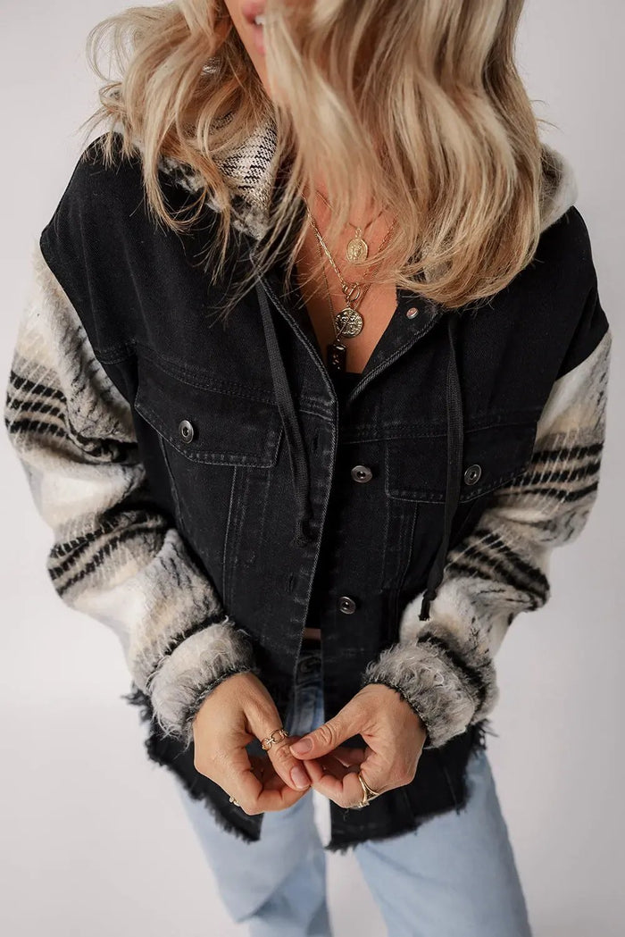 Black Plaid Sleeve Frayed Hem Hooded Denim Jacket - Outerwear/Denim jackets