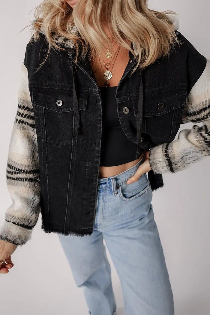 Black Plaid Sleeve Frayed Hem Hooded Denim Jacket - Outerwear/Denim jackets