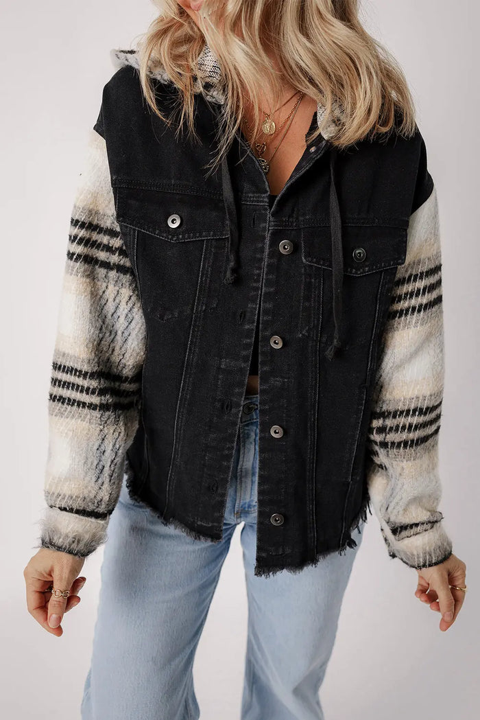 Black Plaid Sleeve Frayed Hem Hooded Denim Jacket - Outerwear/Denim jackets