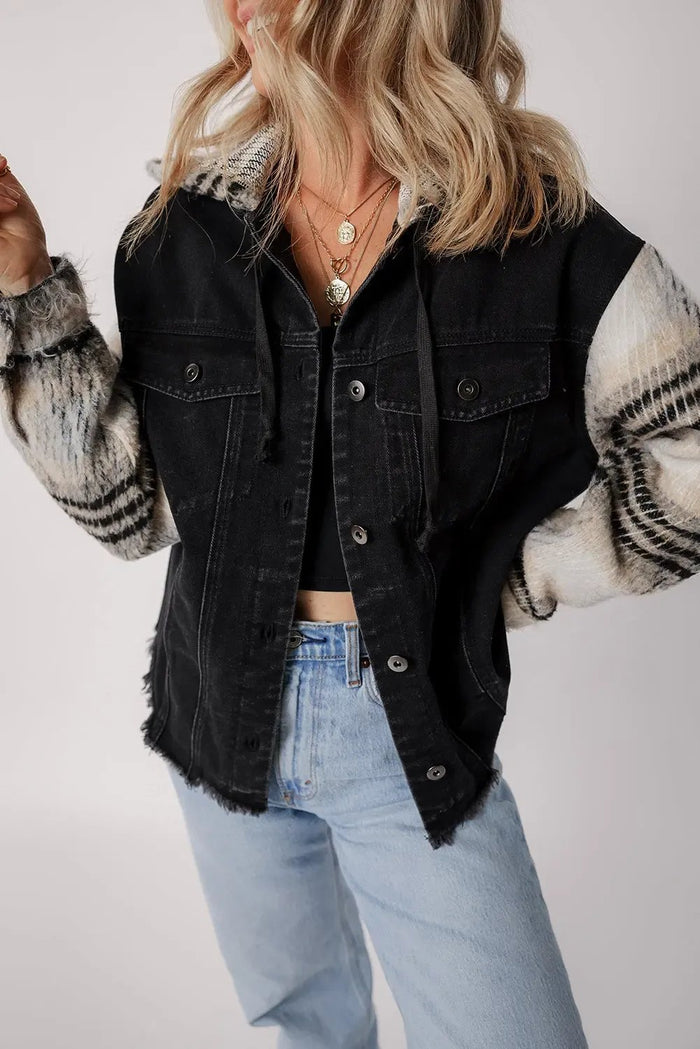 Black Plaid Sleeve Frayed Hem Hooded Denim Jacket - Outerwear/Denim jackets