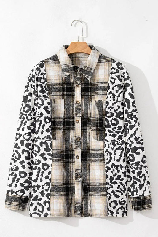 Black Plus Size Plaid Leopard Printed Patchwork Button Up Shacket - BLACK / 1X / 100% POLYESTER - Size/Plus Outerwear