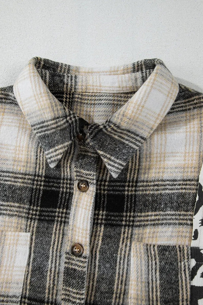 Black Plus Size Plaid Leopard Printed Patchwork Button Up Shacket - Size/Plus Outerwear