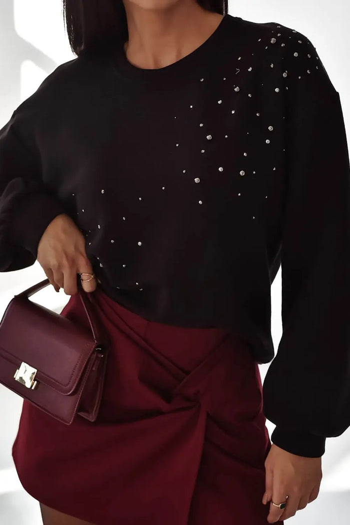 Black Rhinestone Embellished Drop Shoulder Sweatshirt - S - Tops/Sweatshirts & Hoodies
