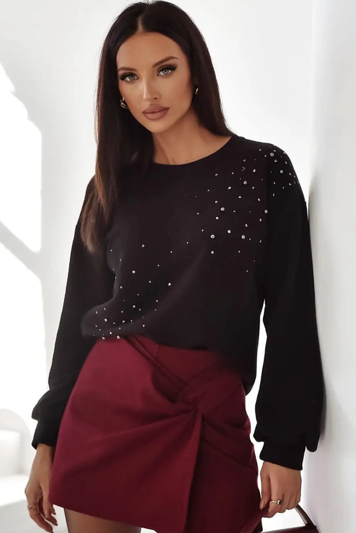 Black Rhinestone Embellished Drop Shoulder Sweatshirt - Tops/Sweatshirts & Hoodies
