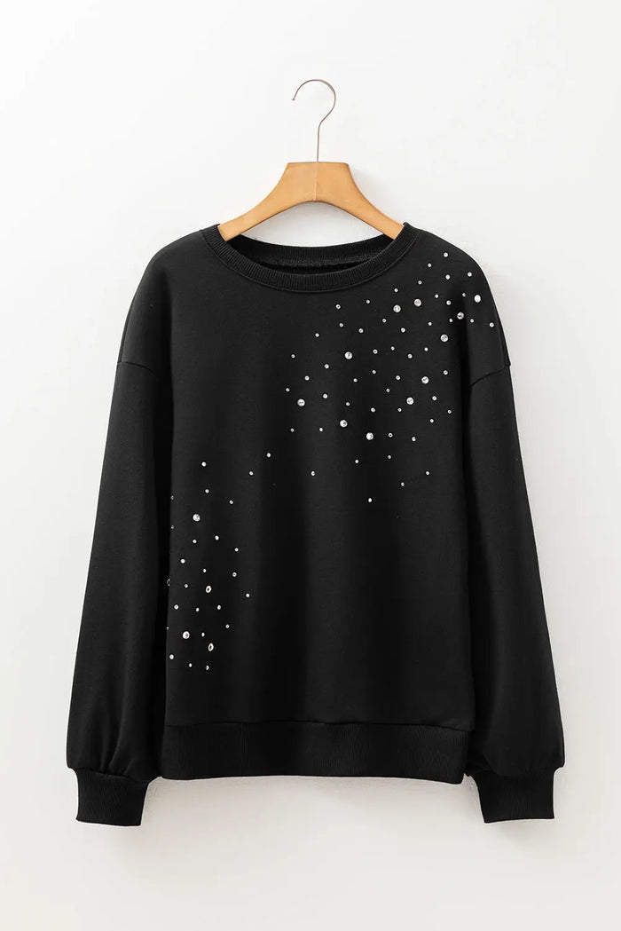 Black Rhinestone Embellished Drop Shoulder Sweatshirt - Tops/Sweatshirts & Hoodies