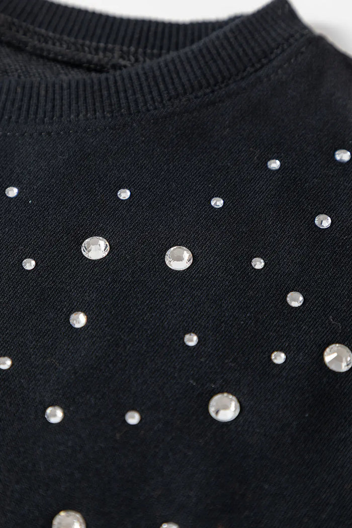 Black Rhinestone Embellished Drop Shoulder Sweatshirt - Tops/Sweatshirts & Hoodies