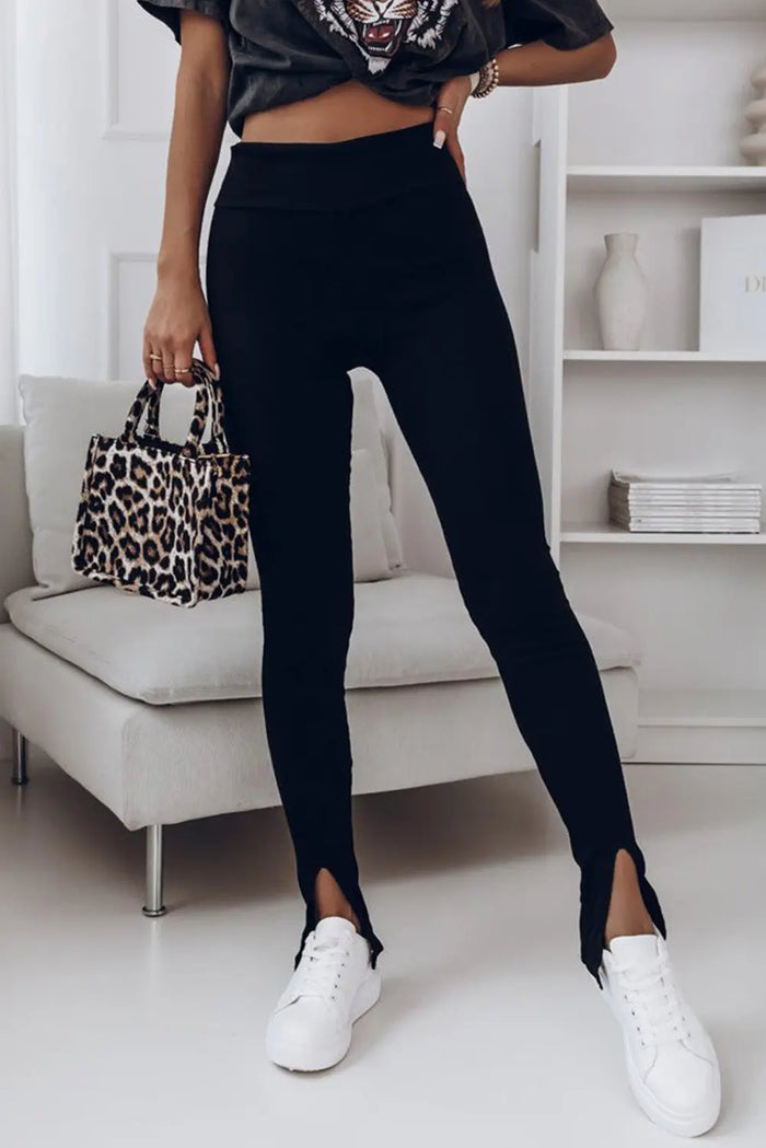 Black Rib Knit High Waist Slit Leggings - Bottoms/Leggings