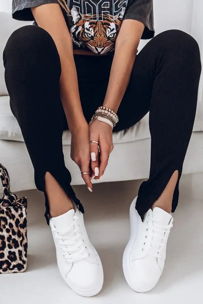 Black Rib Knit High Waist Slit Leggings - Bottoms/Leggings