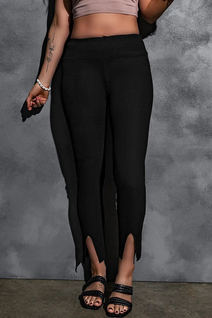 Black Rib Knit High Waist Slit Leggings - Bottoms/Leggings