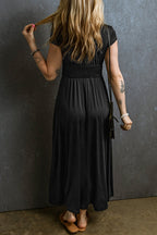 Black Short Sleeve Shirred High Waist V Neck Maxi Dress - Dresses/Maxi Dresses