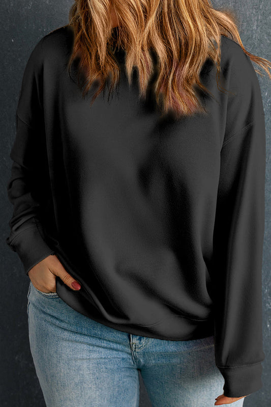 Black Solid Crew Neck Drop Shoulder Plus Size Sweatshirt - BLACK / 1X / 50% POLYESTER + 50% COTTON - Size/Plus