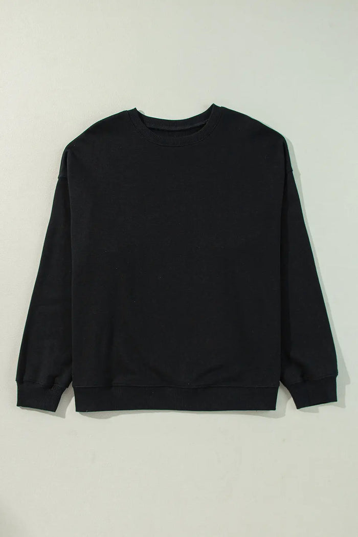 Black Solid Crew Neck Drop Shoulder Plus Size Sweatshirt - Size/Plus Sweatshirts & Hoodies